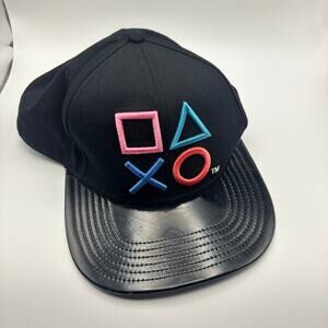 PlayStation Logo Snapback Hat PS4 Symbols Faux Leather Brim Cap Black